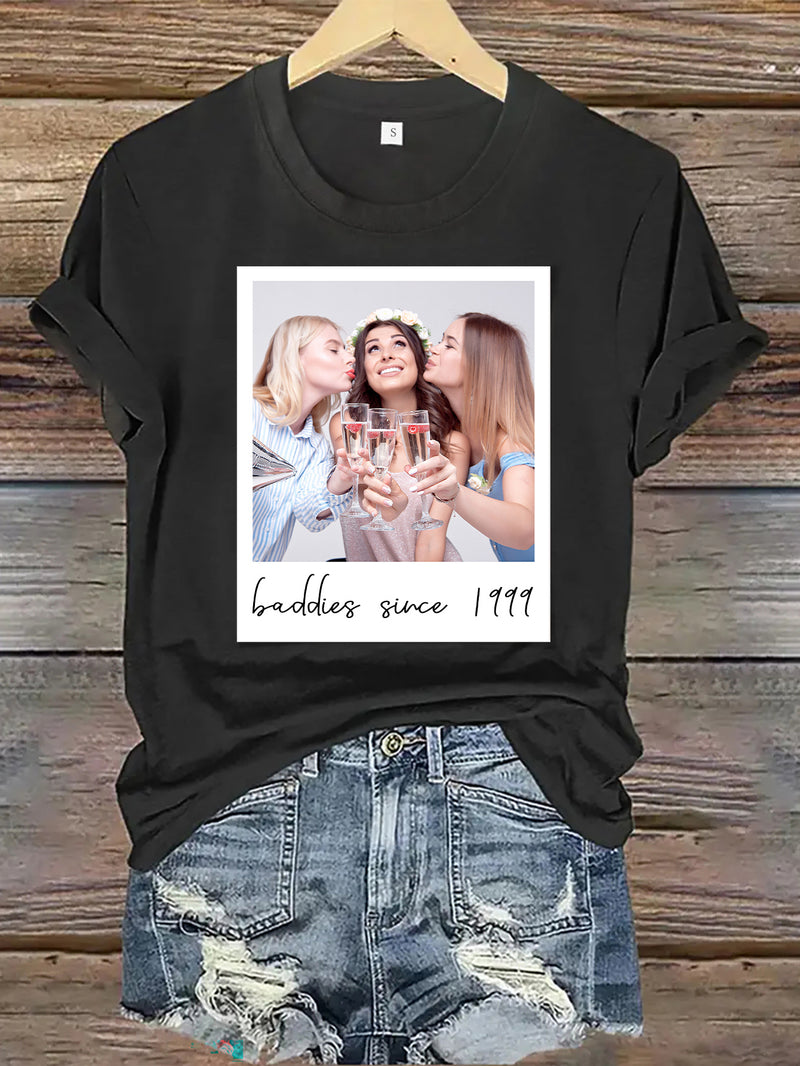 Women’s Custom Polaroid Photo & Text Commemorative T-Shirt.