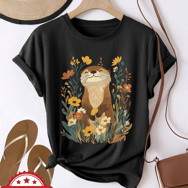 Women's Cute Otter & Floral Print T-Shirt.