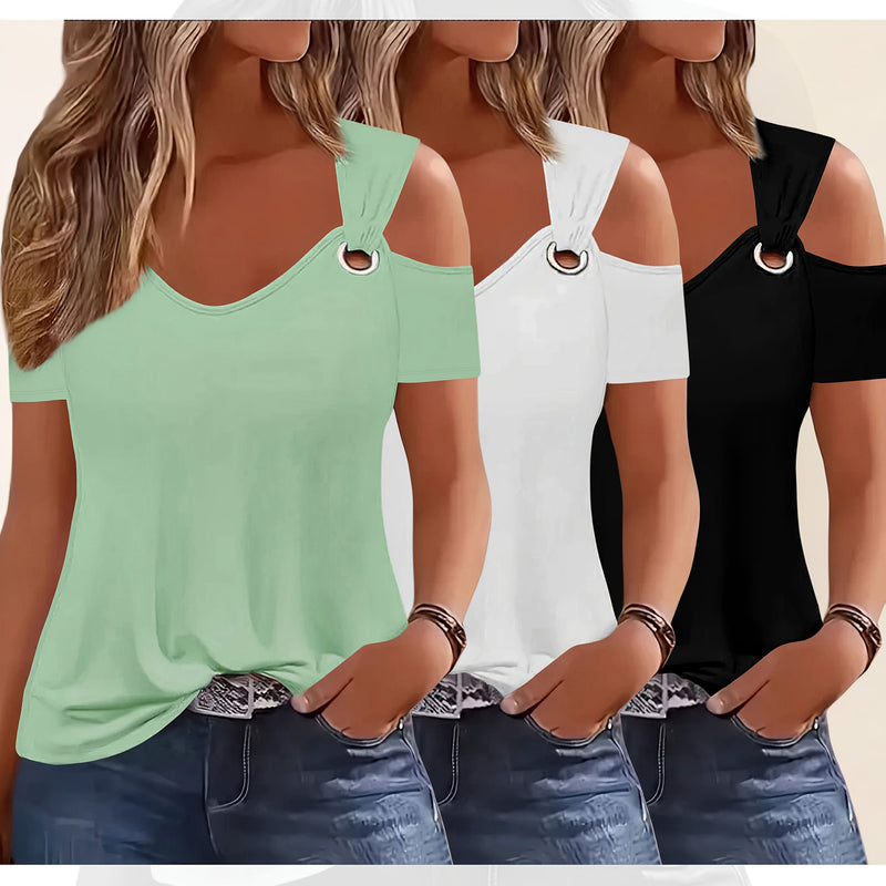 Three-Piece Summer Off-Shoulder Short-Sleeve T-Shirt for Women.