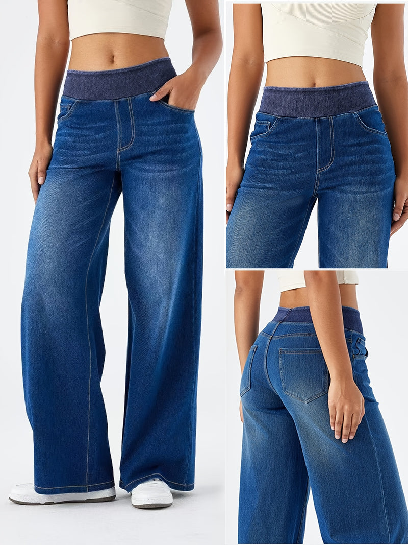 Women's Elastic Waist High-Waisted Wide-Leg Jeans.
