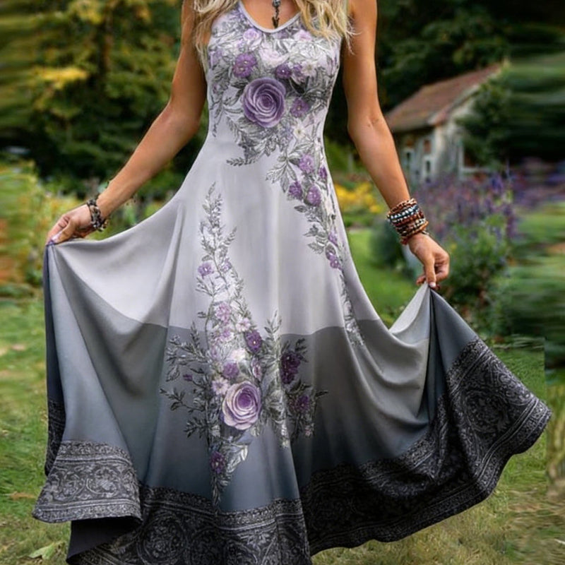 Flat Print Women's Retro Elegant Sleeveless Dress.