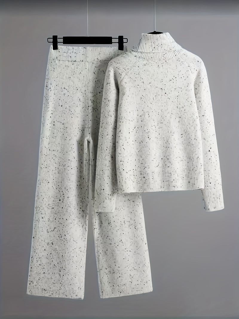 Elegant Women's Set High-Neck Long-Sleeve Sweater and Matching Pants.