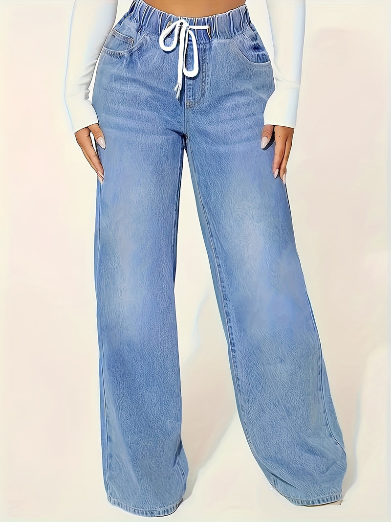 Women’s Drawstring Waist 25AW Elastic Waist Wide-Leg Jeans.