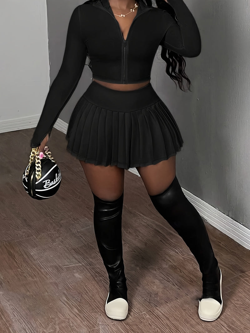2pcs Women'S Casual V-Neck Zip-Up Top And Pleated Mini Skirt Set.