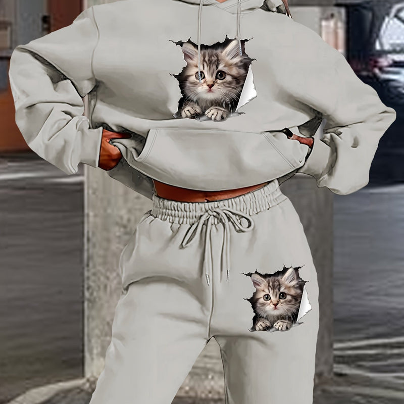 Women's Polyester Hooded Tracksuit with Cat Print.
