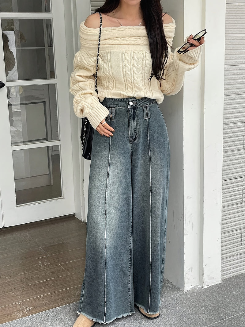 Ladies' High-Waisted Wide-Leg Loose Frayed Snowflake Denim Pants.