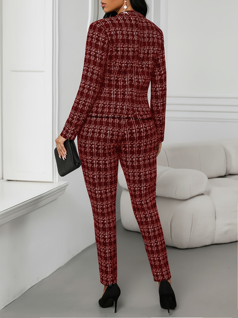Women’s Elegant Plaid Suit Two-Piece Set with Front Double.