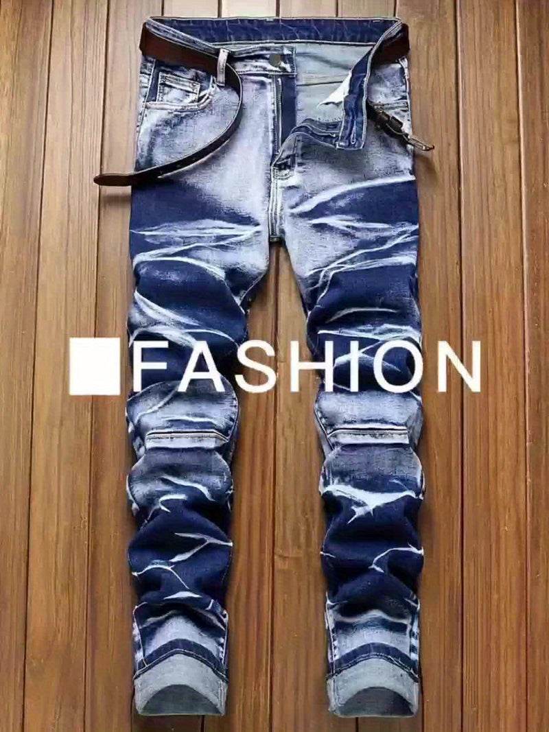 Men's Streetwear Brand Motorcycle Jeans with a Unique Wrinkled Design.