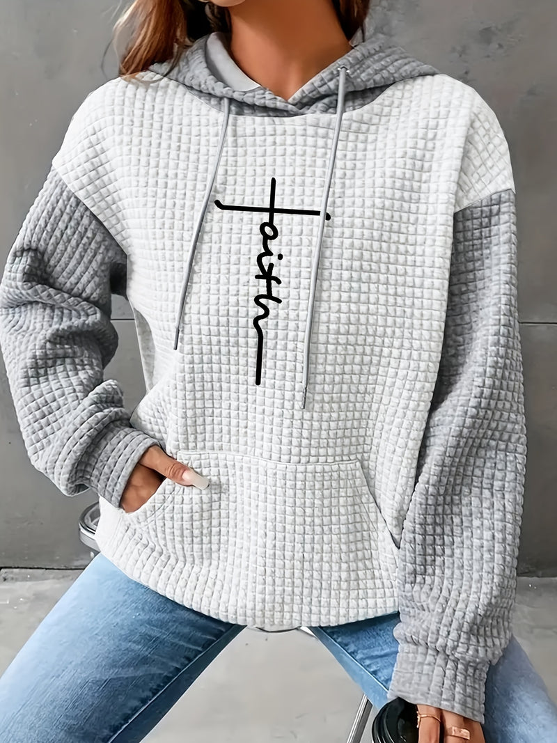 Women's Casual Oversized Hoodie with Checkered Texture & Letter Print.
