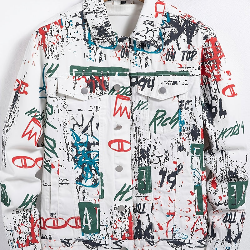 Men's Streetwear Faux Denim Jacket with Random Graffiti Print.