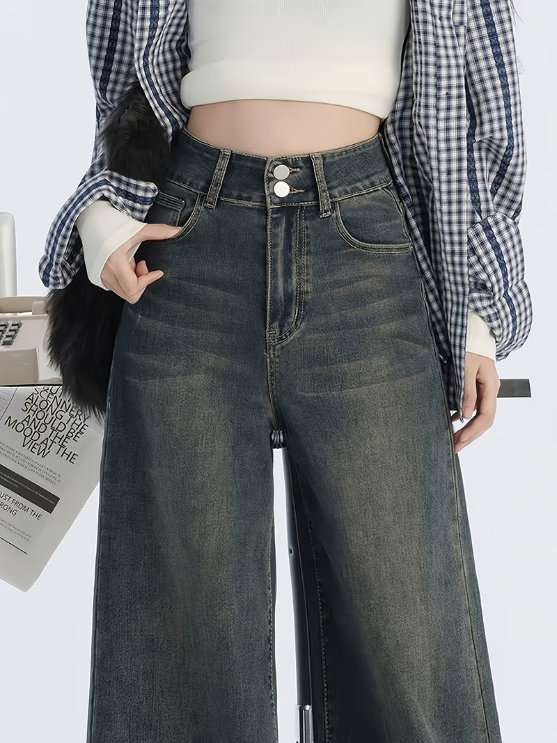 Double Button Jeans - Women's Low-Rise Wide Leg Denim.