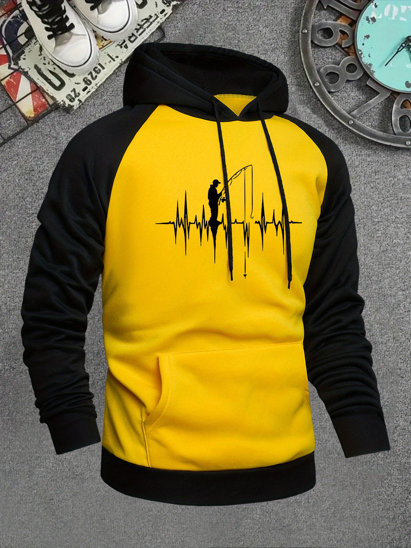 Men's Hooded Sweatshirt with Fishing Pattern Print.