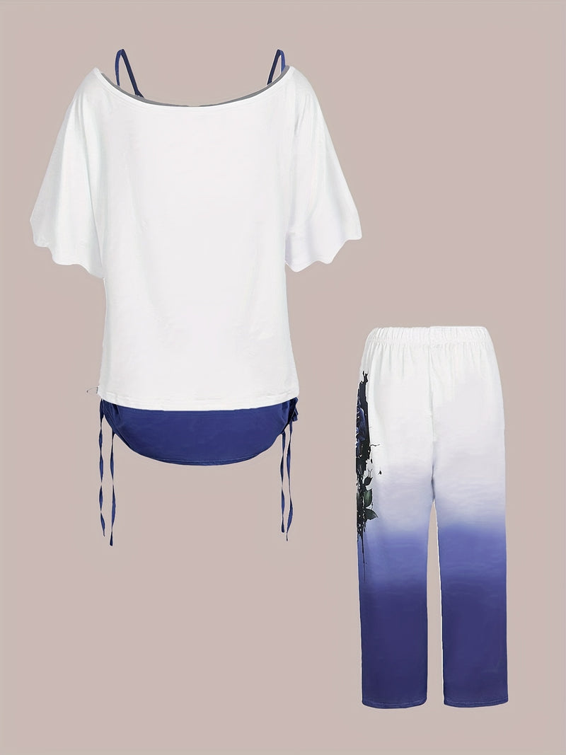 Women’s Off-Shoulder Top with Butterfly Print And Three-Quarter Pants.