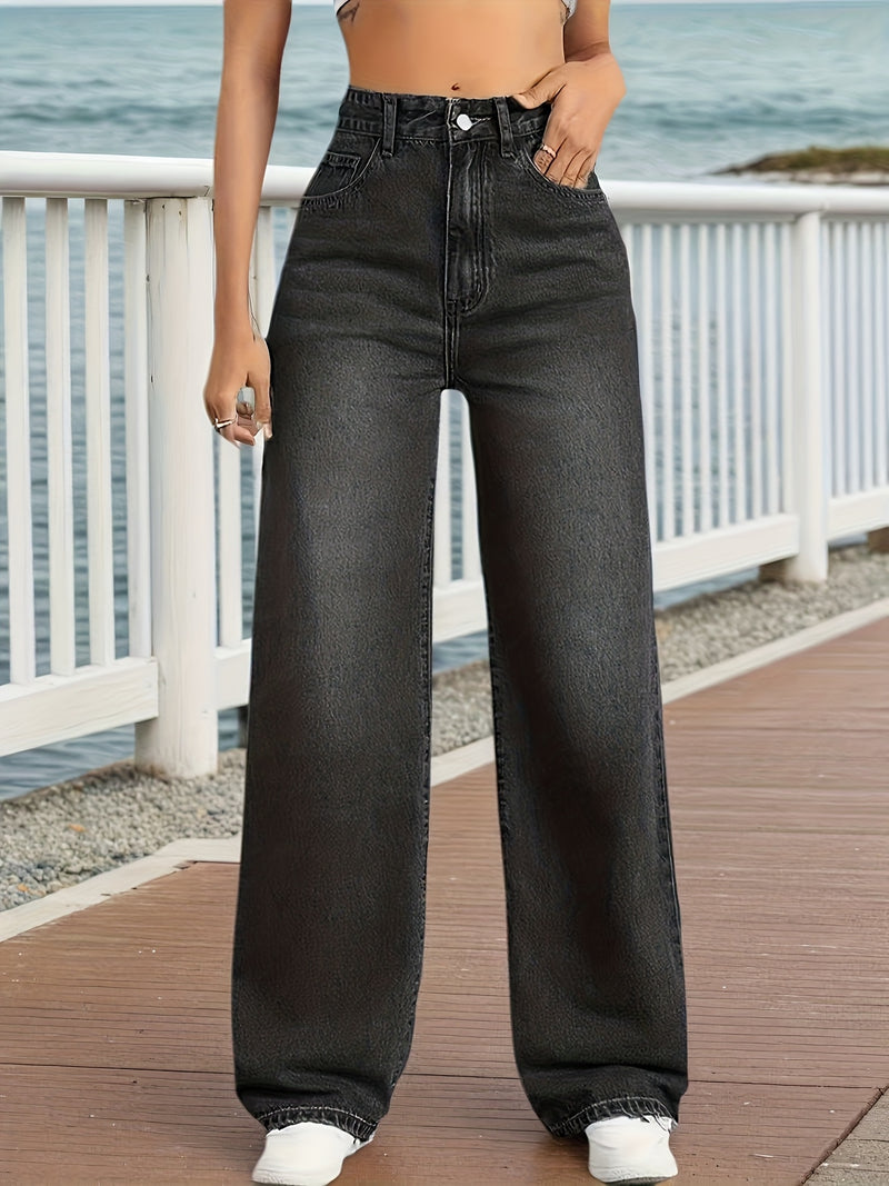 Women’s Wash Straight Leg Pants - Washed Mid-Stretch Jeans.
