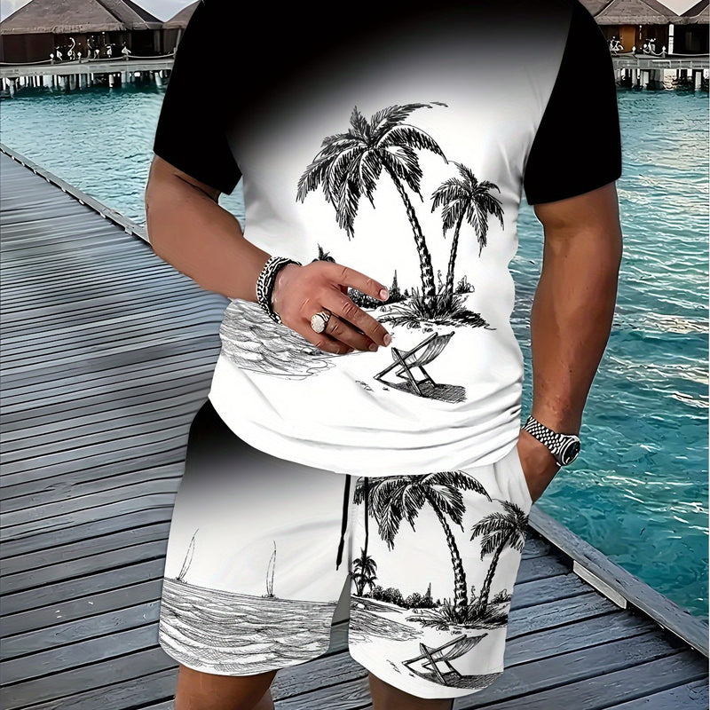 Men’s Black & White Botanical Print T-Shirt and Shorts Set.