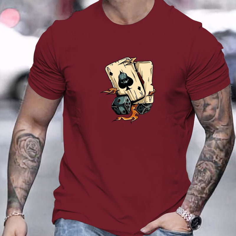Men's Poker Card Pattern Summer Casual Crew Neck Short T-Shirt.