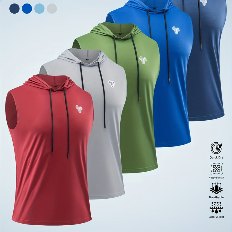 5pcs Solid Color Breathable Men's Sleeveless Hooded Tank Tops.