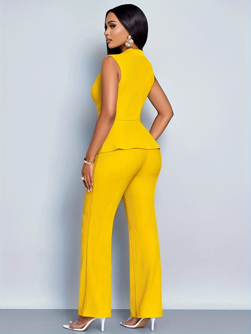 Women's Elegant V-Neck Sleeveless T-Shirt and Wide-Leg Pants 2pcs Set.