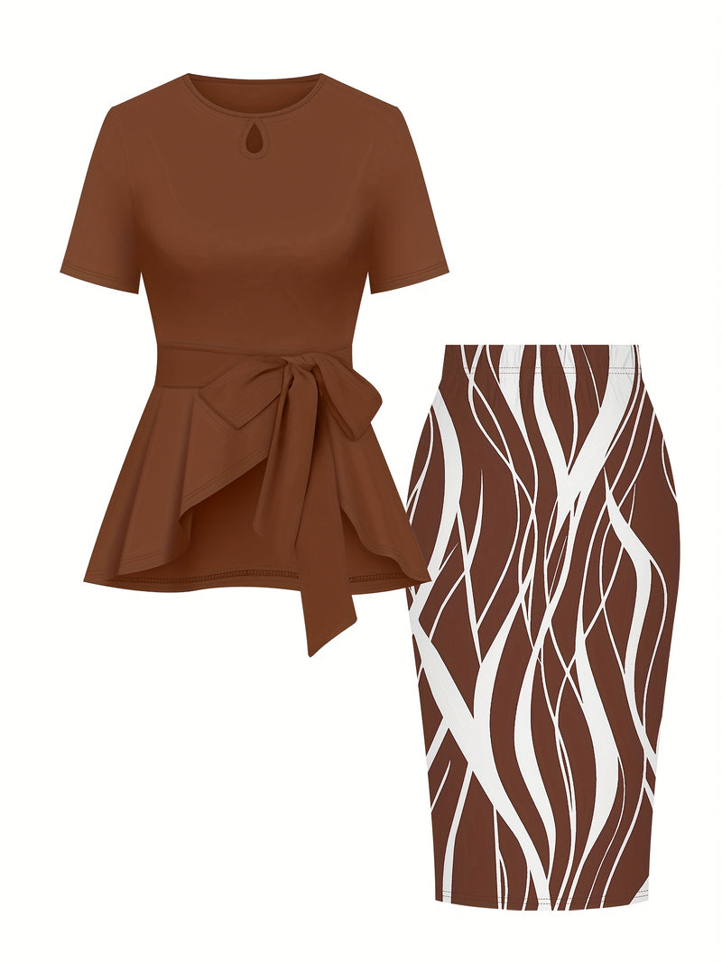 Women's elegant suit solid color round neck short sleeve tie bow top.