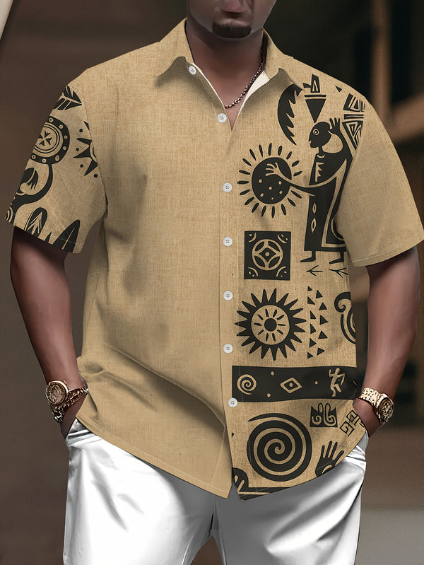 Men's Big & Tall Light Khaki Short-Sleeve Shirt with Black Ethnic Tribal Print.