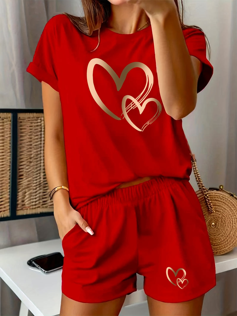 Women's Sporty Two-Piece Set: Round Neck Short Sleeve T-Shirt + Pocketed Shorts.