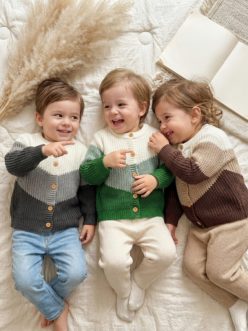 Baby Retro Tricolor Color Blocking Knitted Cardigan.