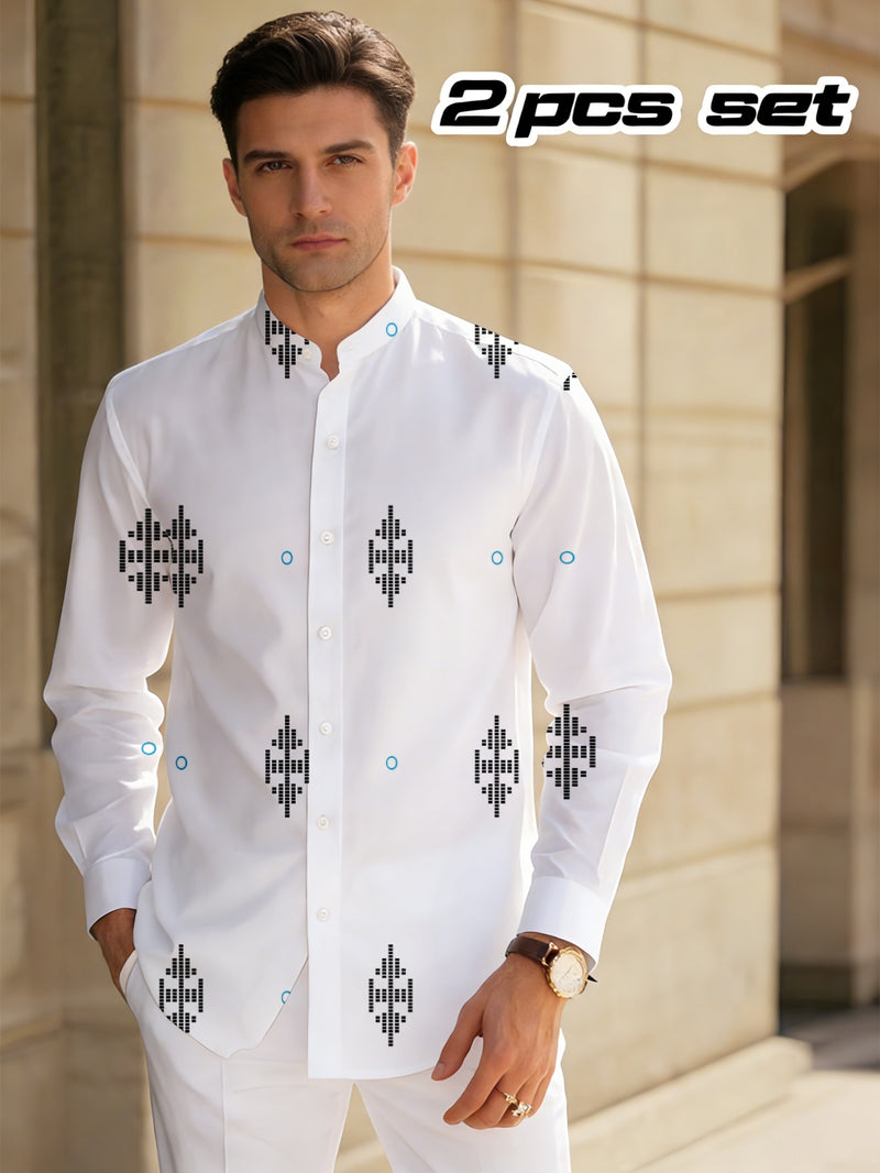 2pcs Set Geometric Pattern for Man Long-sleeve Shirt and Sweatpants Set.