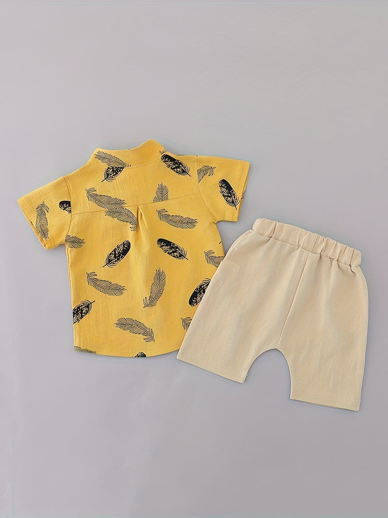 Youngsters Summer Feather Print Short Sleeve Shirt & Shorts Set.