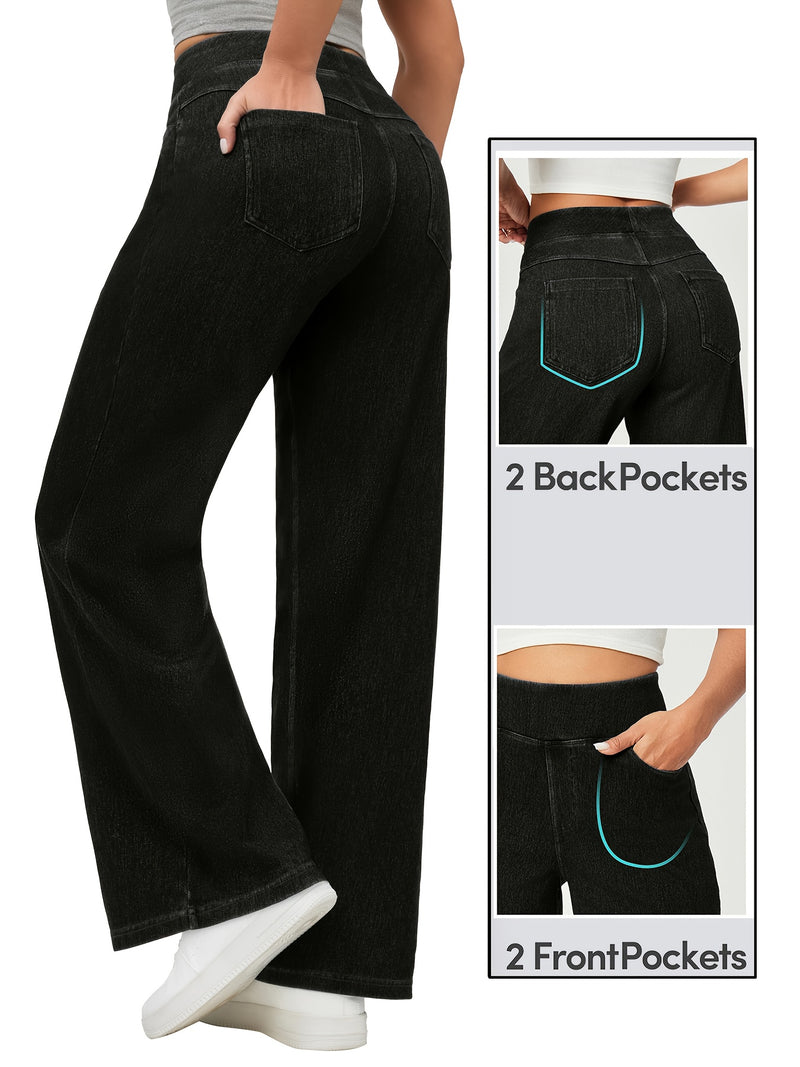 Black Trendy Elastic Waist Straight-Leg Flared Jeans for Women.