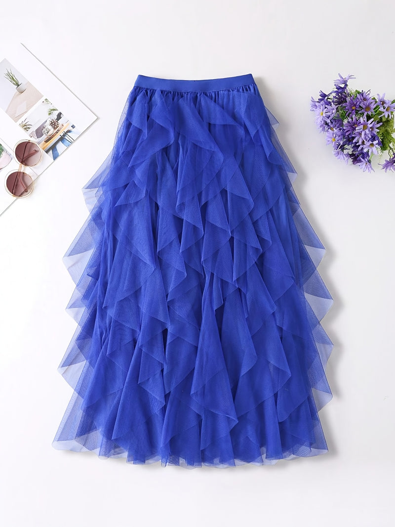 Chic Elegance, Elegant High-Waist A-Line Tulle Skirt for Women.