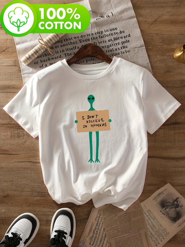 Women's Alien & "I Don't Believe in Humans" Slogan T-Shirt.