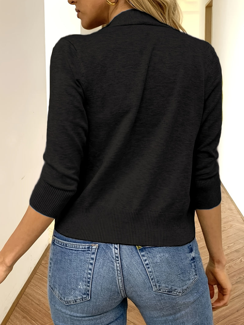 Solid Color Open Front Knit Cardigan, Casual 3/4 Sleeve Top.