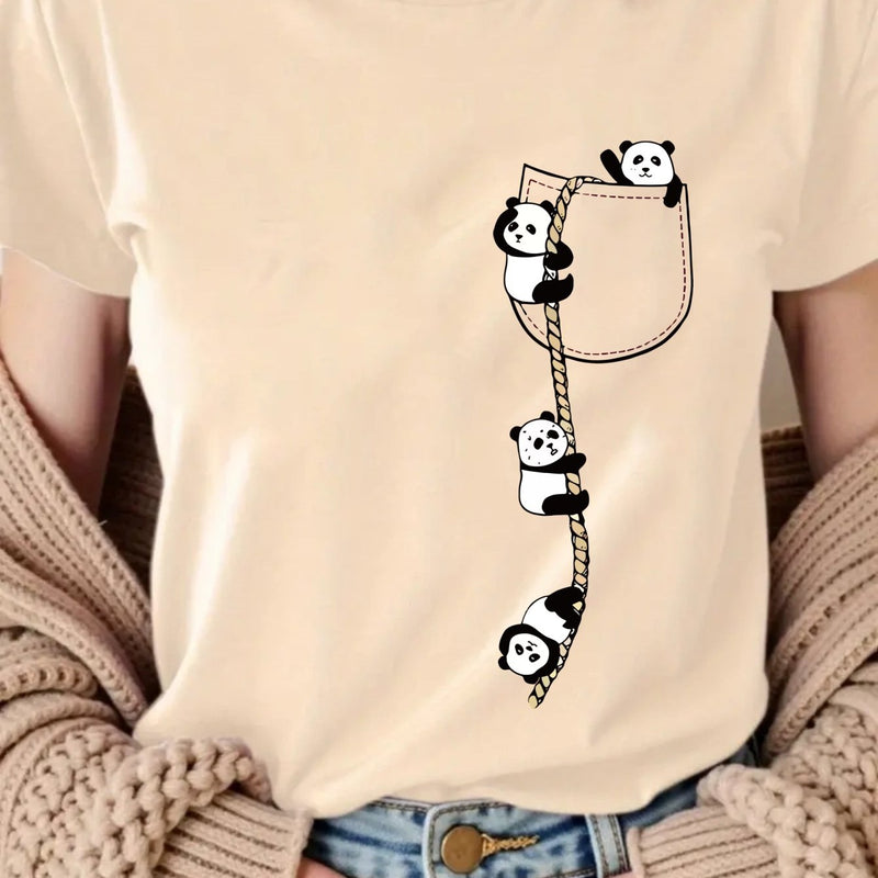 Women’s  Pocket Panda Climbing Rope Cute Pattern Print Fashion Crew Neck T-Shirt.