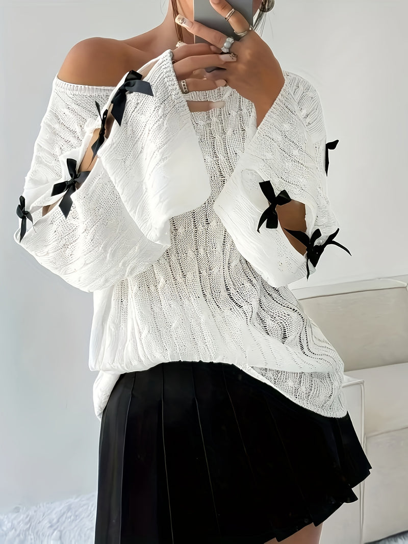 Women's Sexy Off-Shoulder Top with Long Sleeves & Butterfly Bow Accents.