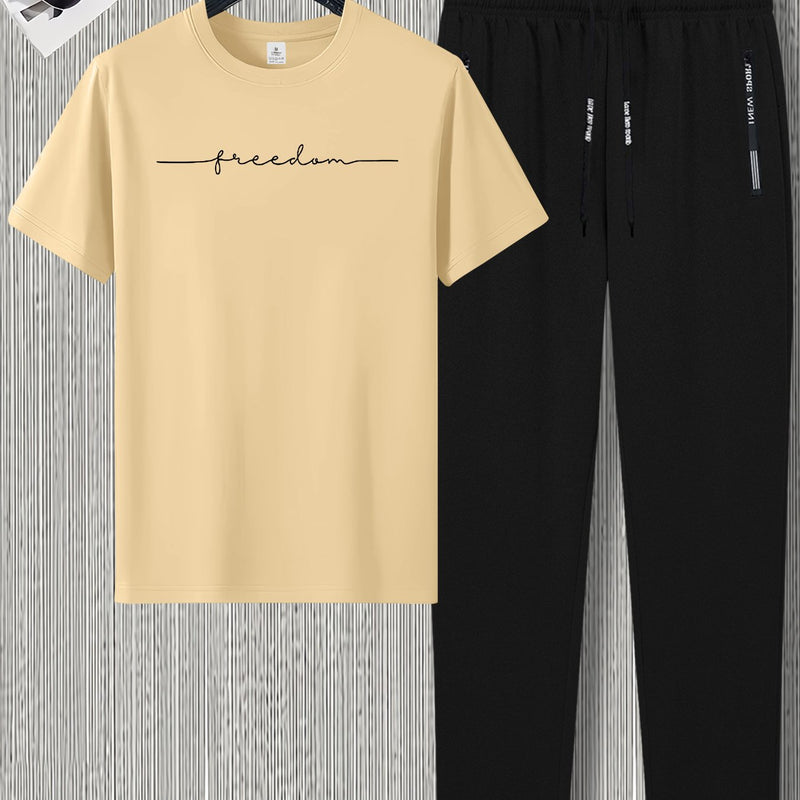 Men's Summer Design Short-Sleeve Set with Stylish Line Prints Paired.