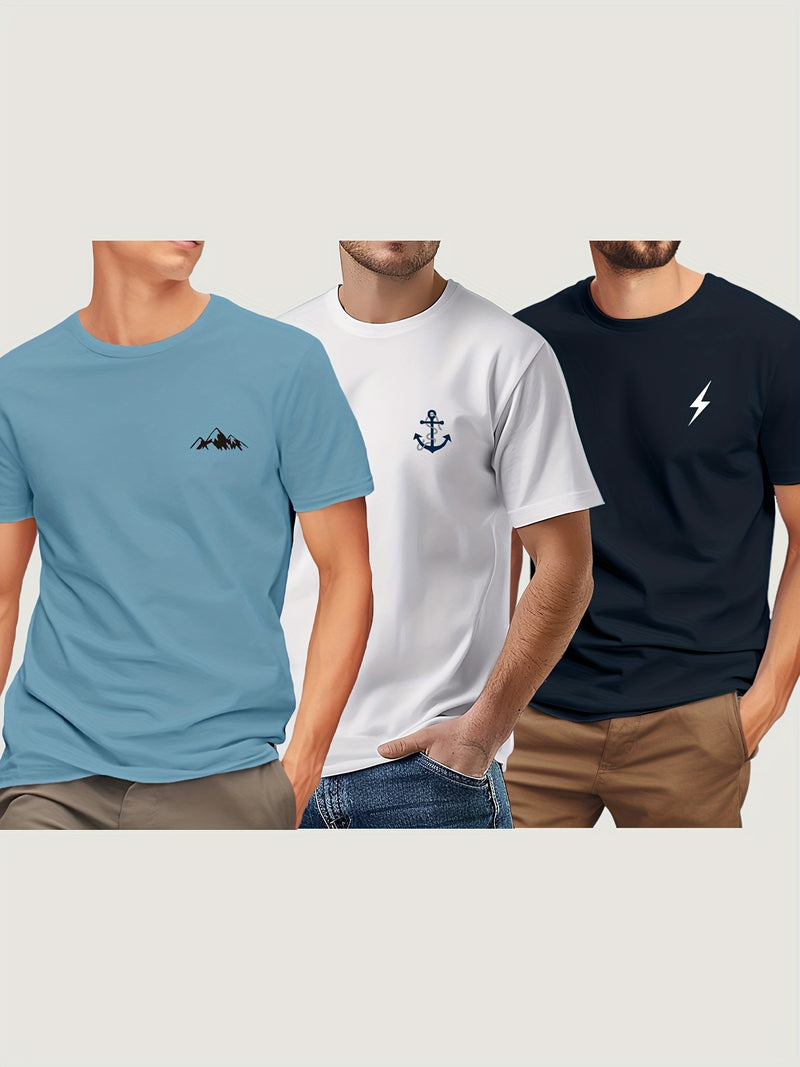 3pcs Men'S Short Sleeve Print T-Shirt.