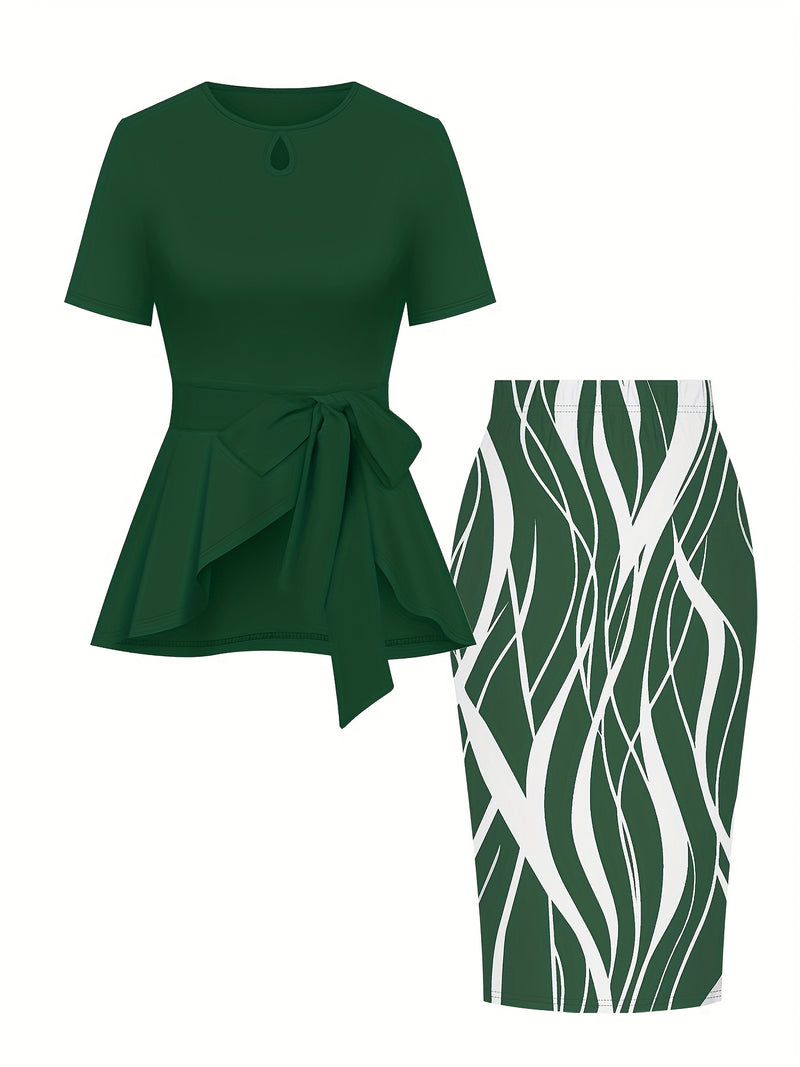 Women's elegant suit solid color round neck short sleeve tie bow top.