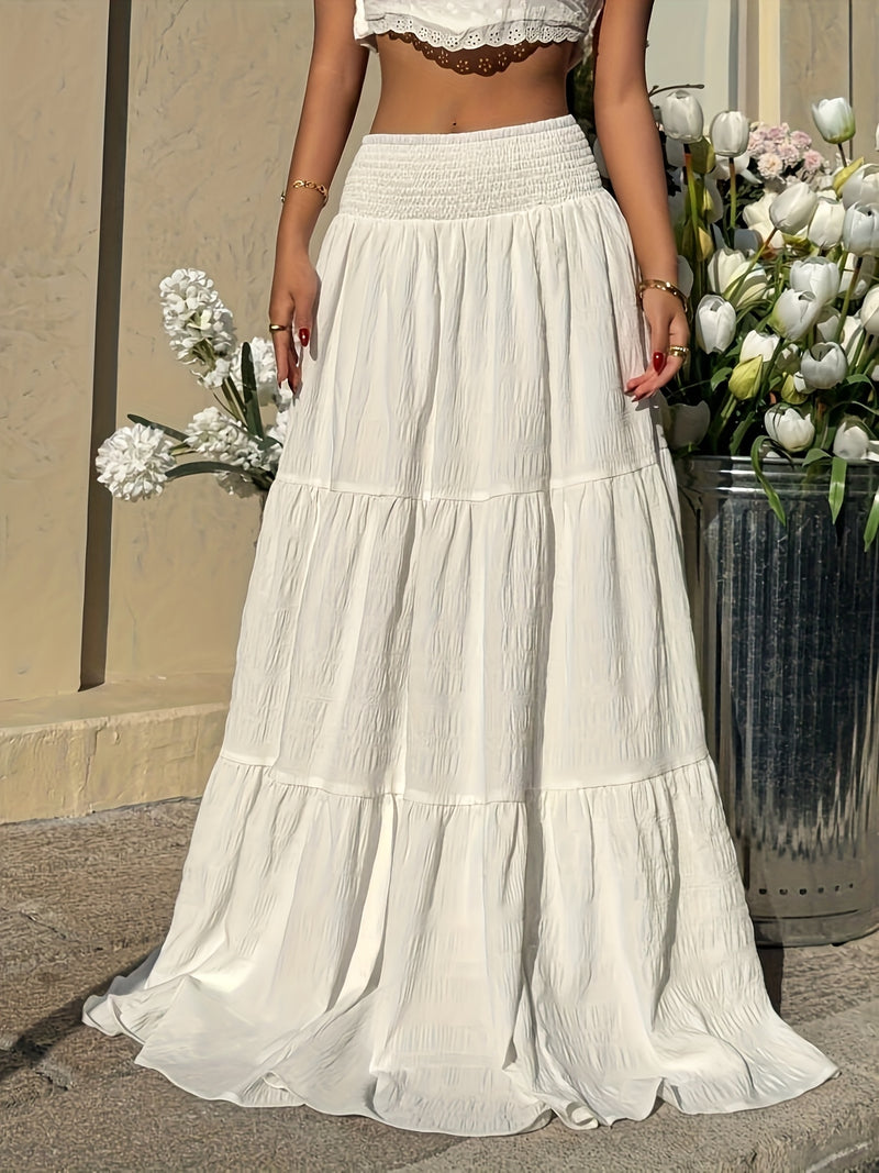 Women's Elegant Solid Color Pleated Waist A-Line Maxi Skirt.