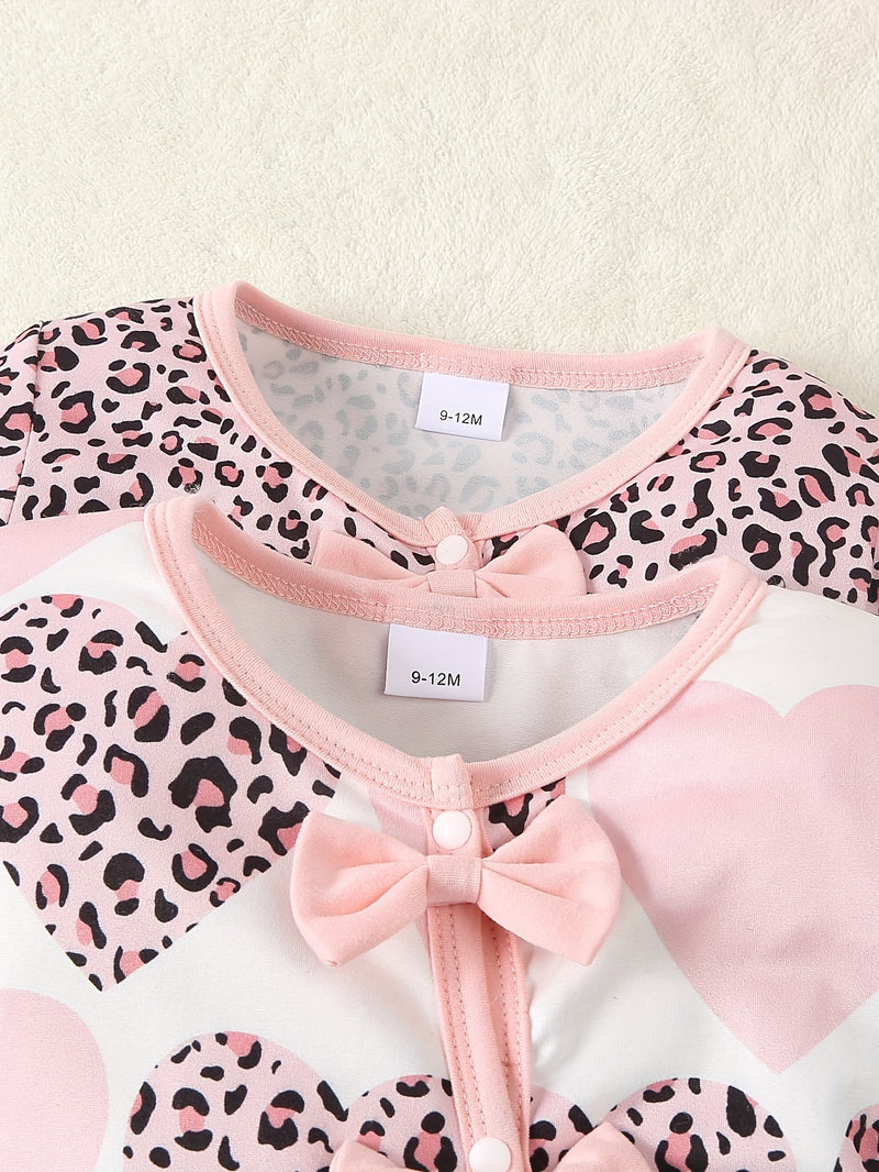 4pcs Girls' Spring/autumn New Leopard Print Romper with Bow Tie and Hat.