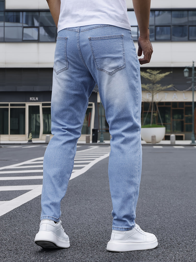 Men's Casual Washed Denim Jeans, Straight-leg pants.