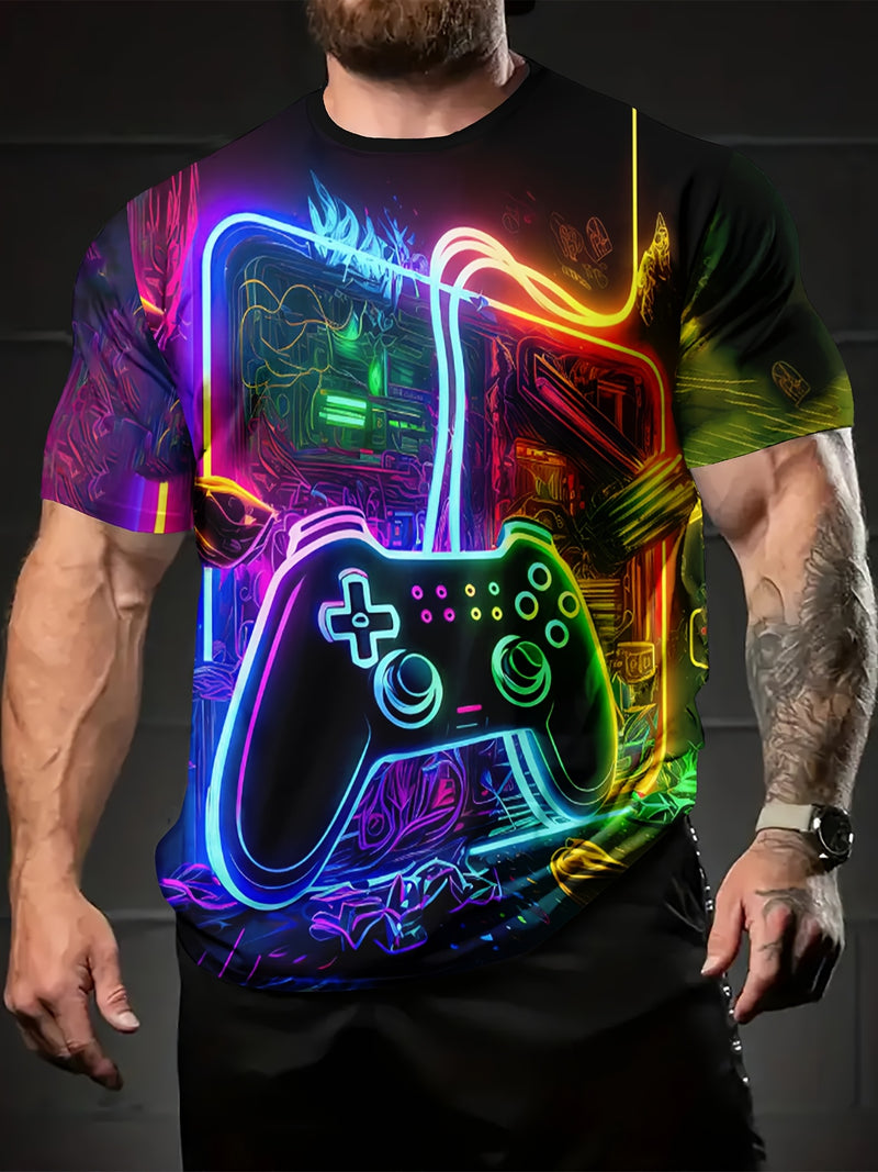 Men's Gaming Graphic T-Shirt - 3D Printed Neon Game Controller Design.
