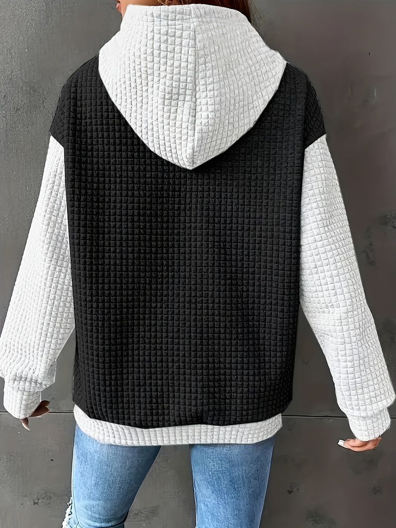 Women's Casual Oversized Hoodie with Checkered Texture & Letter Print.