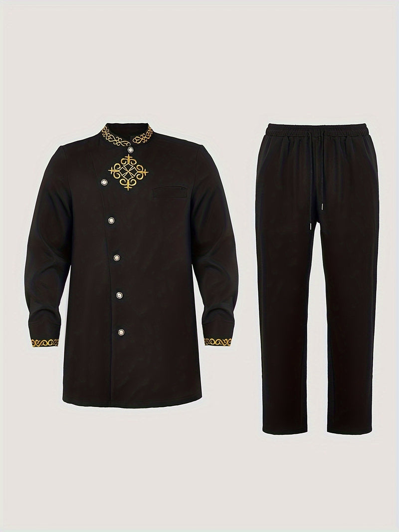 Men's 2pcs Suit Set, Embroidered, Stand Collar, Long Sleeve.