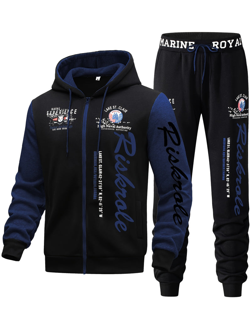 Men's Hooded Sweatshirt with Letter Print, Two-Piece Sports Running Outfit.