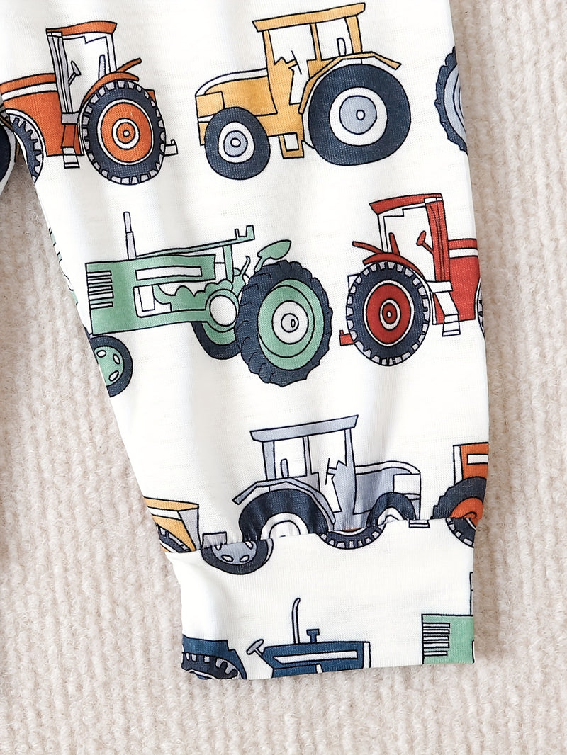 Boys' Cute Cartoon Tractor All-Over Print Romper and Comfortable Pants.