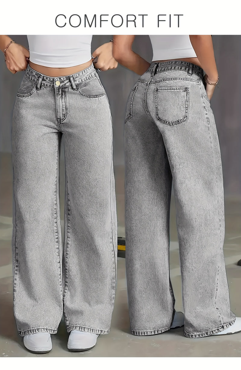 Women's New Stretch Straight Jeans, Wide-leg Jeans with Pockets.