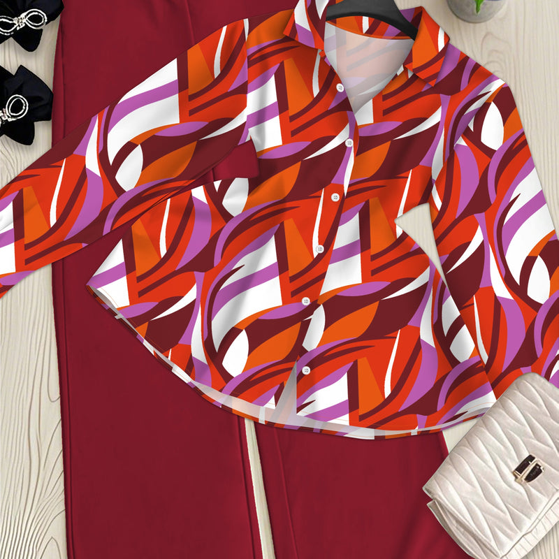 Women’s Two-Piece Set Featuring a Geometric Print Shirt And Solid Color Trousers.