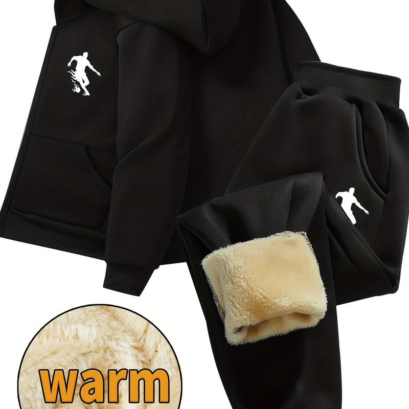 Boys Thick Plush-Lined Zip-Up Jacket + Pants Set.