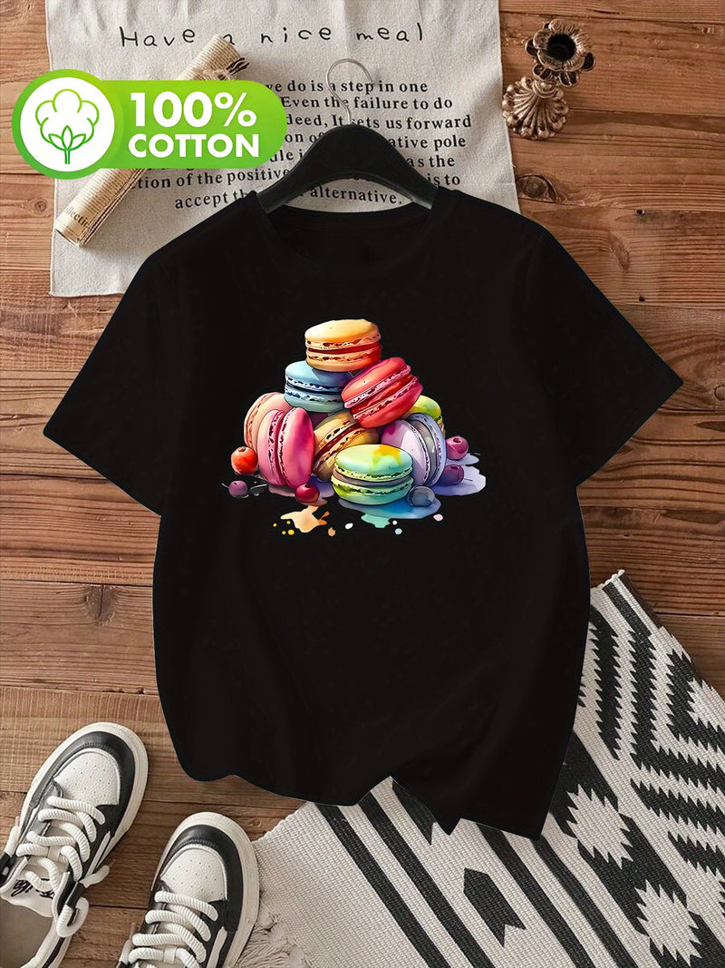 Women's Stylish Macaron Print Round Neck Short Sleeve T-Shirt.