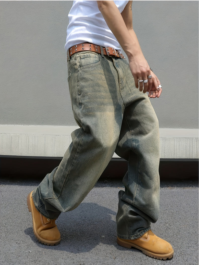 Men's Black Wide-Leg Loose-Fitting Jeans That Drag on The Ground.